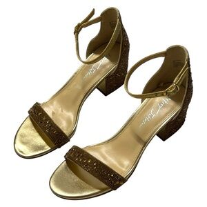 Betsey Johnson Hanna Gold Rhinestone Ankle Strap Open Toe Heeled Sandals 7